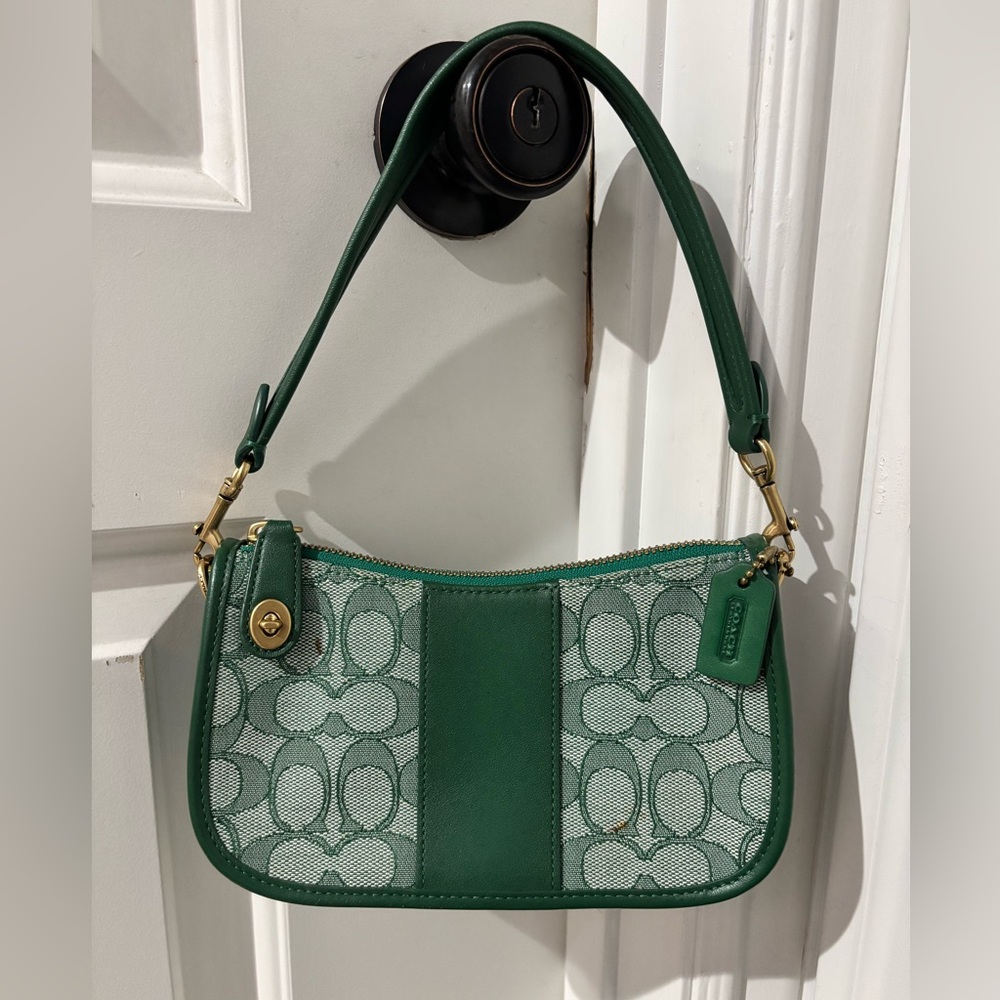 Coach Green Signature Jacquard Mini Swinger Baguette Shoulder Bag Rare Color
